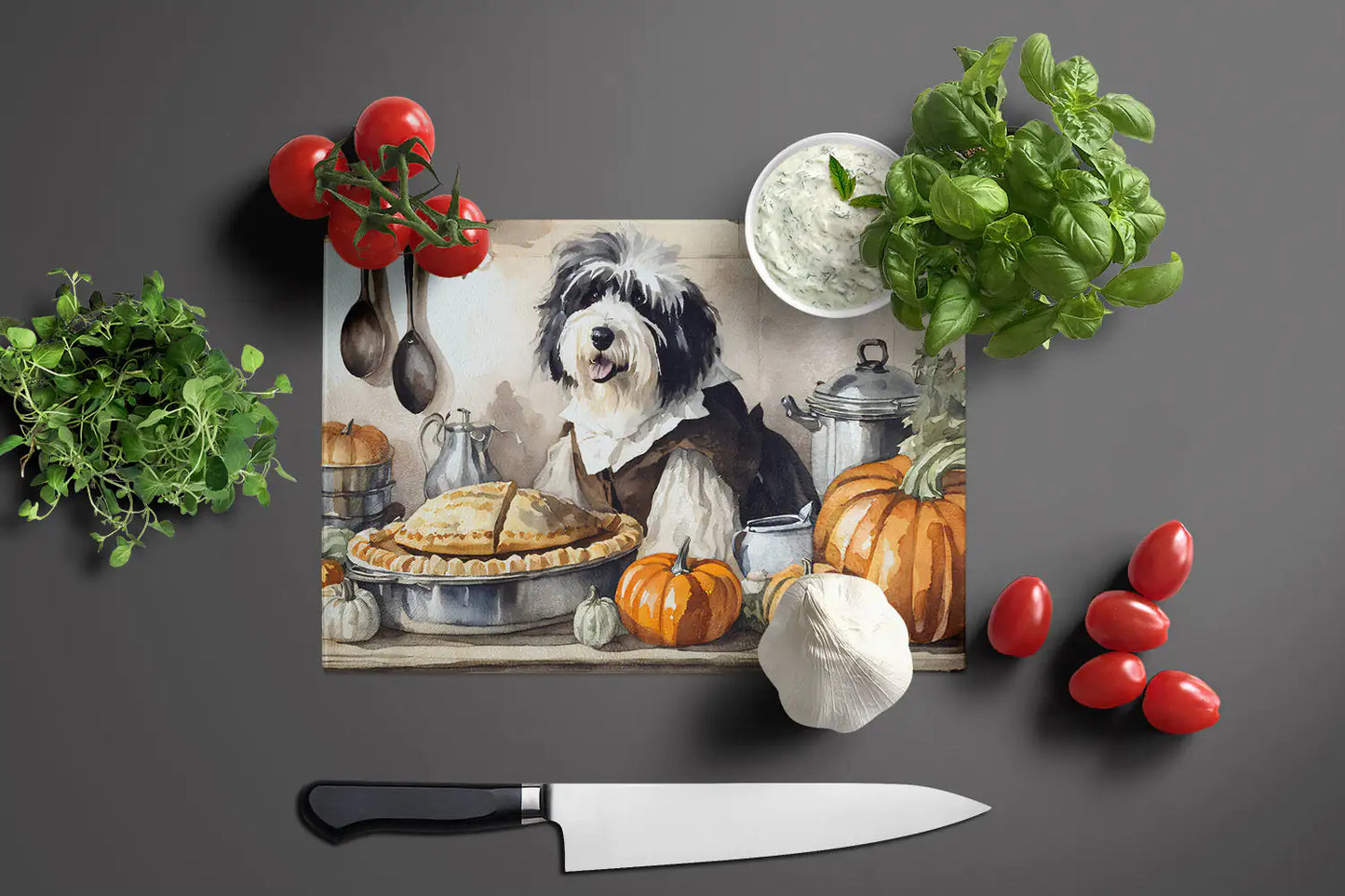 Old English Sheepdog Fall Kitchen Pumpkins Glass Cutting Board