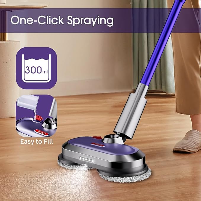VMAI Electric Mop, Cordless Electric Mop, with Detachable Battery & 300ml Water Tank, Spin Mop with LED Headlight and Sprayer, for Hardwood, Tile, Laminate Floor, <50dB Working Noise