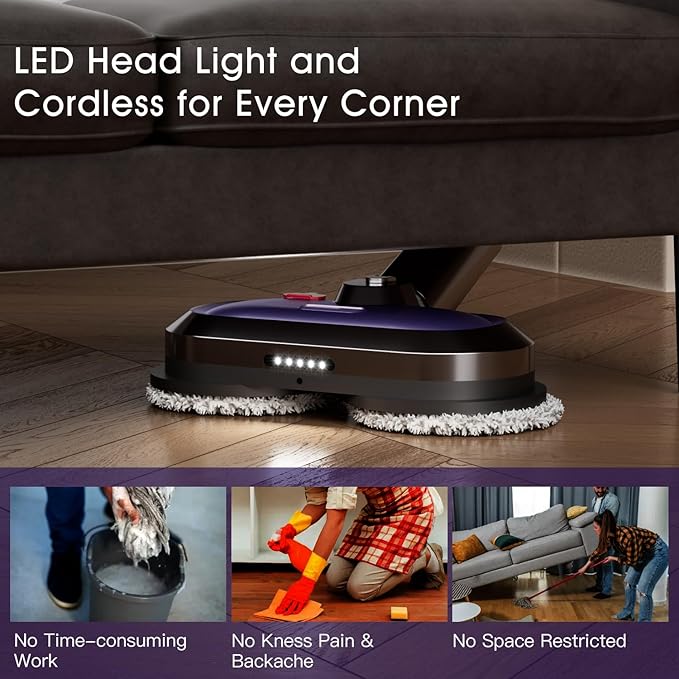 VMAI Electric Mop, Cordless Electric Mop, with Detachable Battery & 300ml Water Tank, Spin Mop with LED Headlight and Sprayer, for Hardwood, Tile, Laminate Floor, <50dB Working Noise