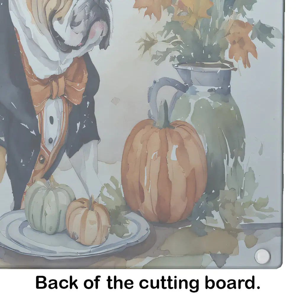 English Bulldog Fall Kitchen Pumpkins Glass Cutting Board
