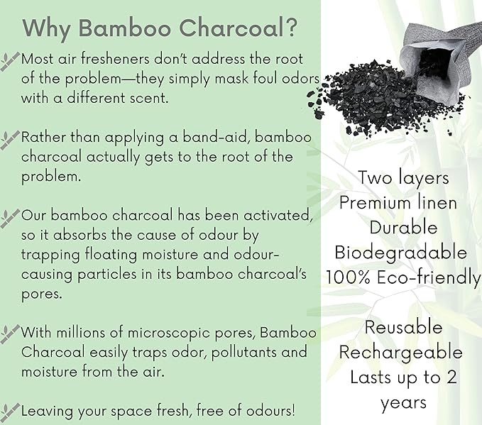 100% Natural Bamboo Charcoal Deodoriser, Chemical Free Air Freshener, Absorbs Odour, Shoe Insert, Eliminate Smells in Bathrooms, Kitchen, Closets, Cars, Pet Areas, 75grams, 2 pieces
