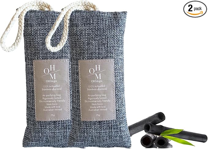 100% Natural Bamboo Charcoal Deodoriser, Chemical Free Air Freshener, Absorbs Odour, Shoe Insert, Eliminate Smells in Bathrooms, Kitchen, Closets, Cars, Pet Areas, 75grams, 2 pieces