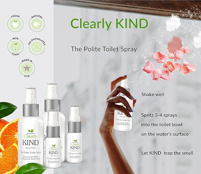 Clearly Kind, The Polite "Before You Poop" Toilet Spray | Essential Oil Magic to Keep The Smell Away | Odor Eliminator Set for Bathroom (4 Oz) and for Travel (1 Oz) (Zesty Citrus)