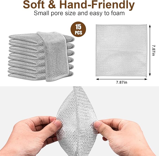 15 Pcs Double-Layer Non-Scratch Wire Dishwashing Rags, Multipurpose Reusable Cleaning Cloths and Scrubbing Pads for Wet and Dry Use, for Kitchen Cleaning