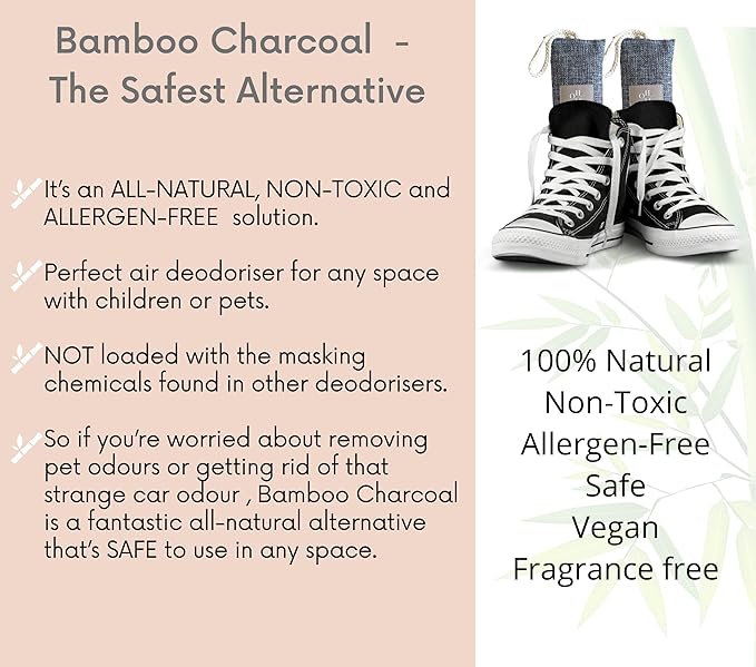 100% Natural Bamboo Charcoal Deodoriser, Chemical Free Air Freshener, Absorbs Odour, Shoe Insert, Eliminate Smells in Bathrooms, Kitchen, Closets, Cars, Pet Areas, 75grams, 2 pieces