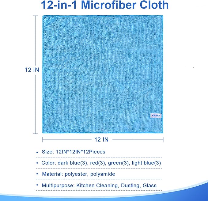 12Pcs Premium Microfiber Cleaning Cloth - Highly Absorbent, Lint Free, Scratch Free, Reusable Cleaning Supplies - for Kitchen Towels, Dish Cloths, Dust Rag, Cleaning Rags in Household Cleaning