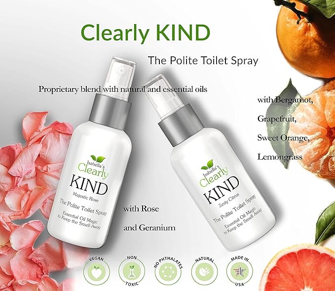 Clearly Kind, The Polite "Before You Poop" Toilet Spray | Essential Oil Magic to Keep The Smell Away | Odor Eliminator Set for Bathroom (4 Oz) and for Travel (1 Oz) (Zesty Citrus)