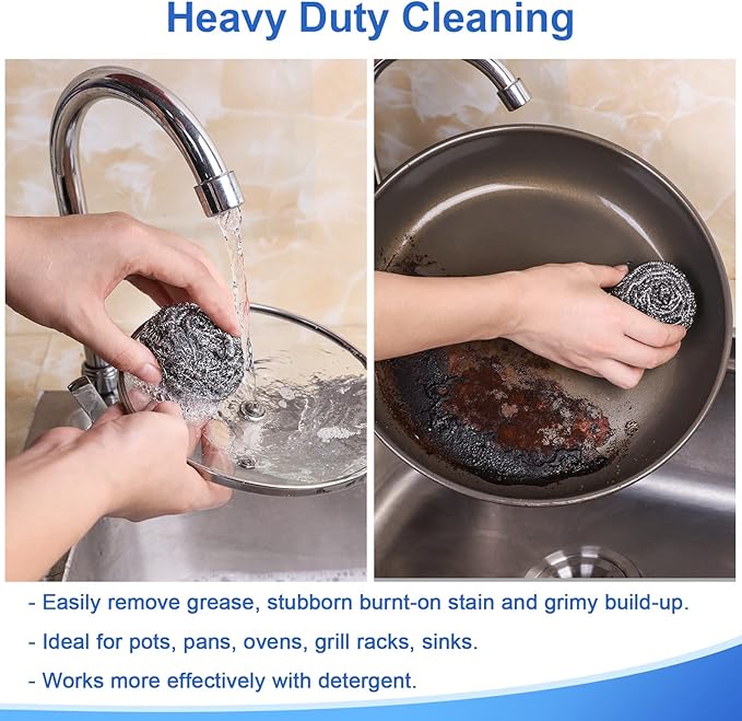 12Pack Upgraded Steel Wool Scrubbers - Premium Stainless Steel Scrubber, Metal Scouring Pads, Steel Wool Pads, Kitchen Cleaner, Heavy Duty Cleaning Supplies - Especially for Tough Cleaning