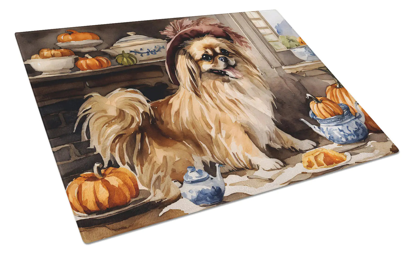 Tibetan Spaniel Fall Kitchen Pumpkins Glass Cutting Board