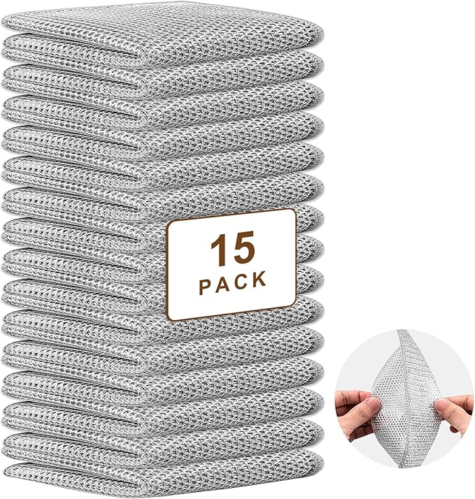 15 Pcs Double-Layer Non-Scratch Wire Dishwashing Rags, Multipurpose Reusable Cleaning Cloths and Scrubbing Pads for Wet and Dry Use, for Kitchen Cleaning