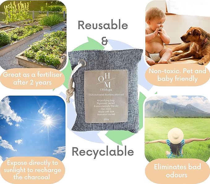 100% Natural Bamboo Charcoal Deodoriser, Chemical Free Air Freshener, Absorbs Odour, Shoe Insert, Eliminate Smells in Bathrooms, Kitchen, Closets, Cars, Pet Areas, 75grams, 2 pieces