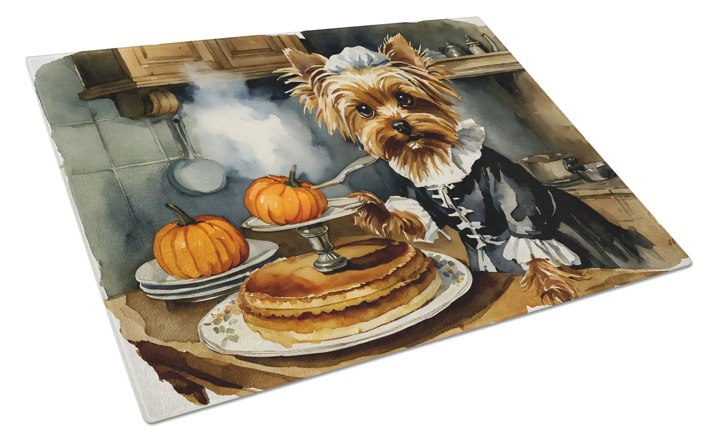 Yorkie Fall Kitchen Pumpkins Glass Cutting Board