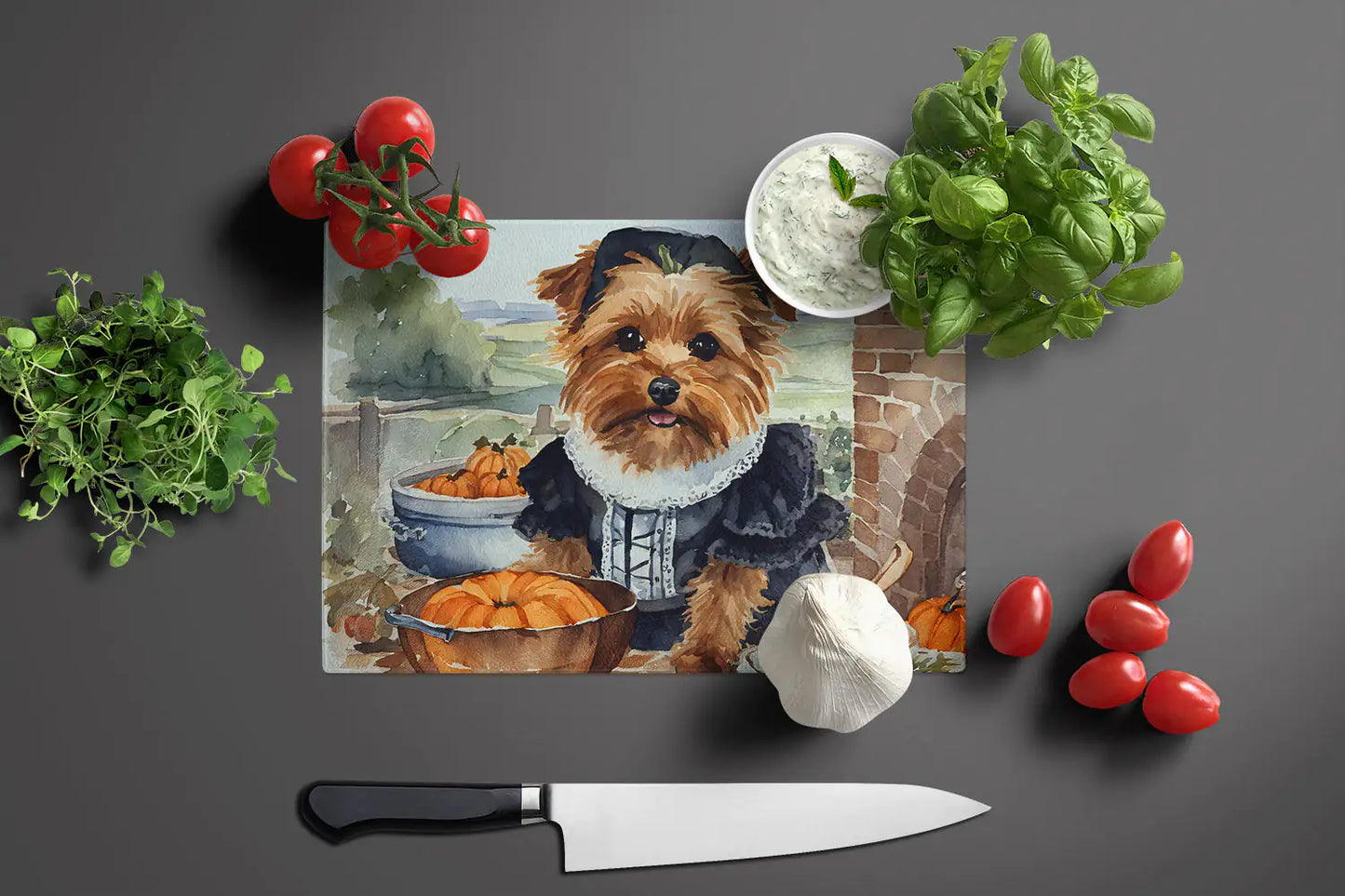 Norfolk Terrier Fall Kitchen Pumpkins Glass Cutting Board