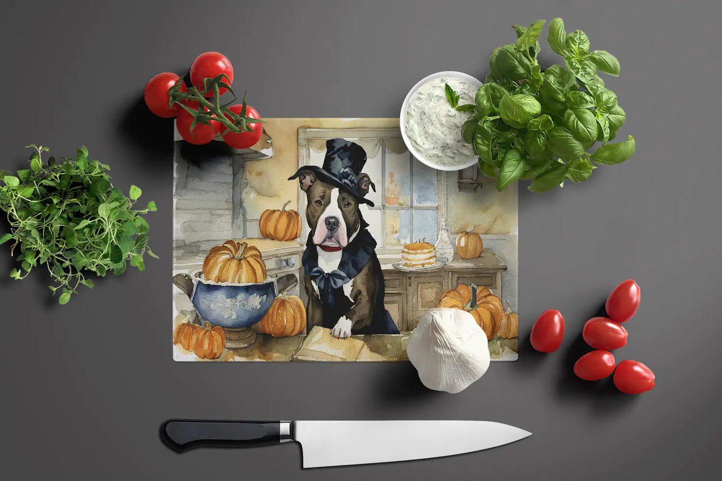 Pit Bull Terrier Fall Kitchen Pumpkins Glass Cutting Board
