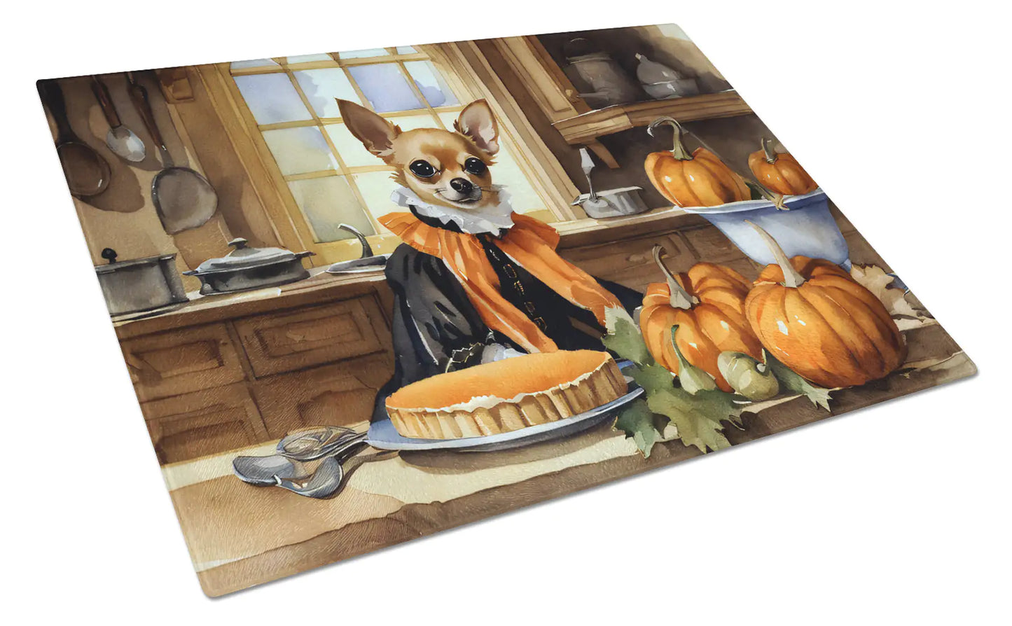 Chihuahua Fall Kitchen Pumpkins Glass Cutting Board