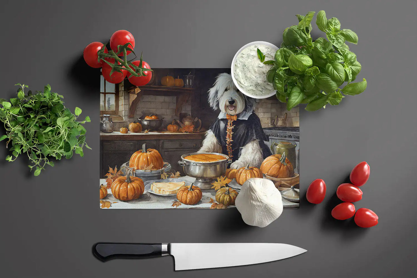 Old English Sheepdog Fall Kitchen Pumpkins Glass Cutting Board