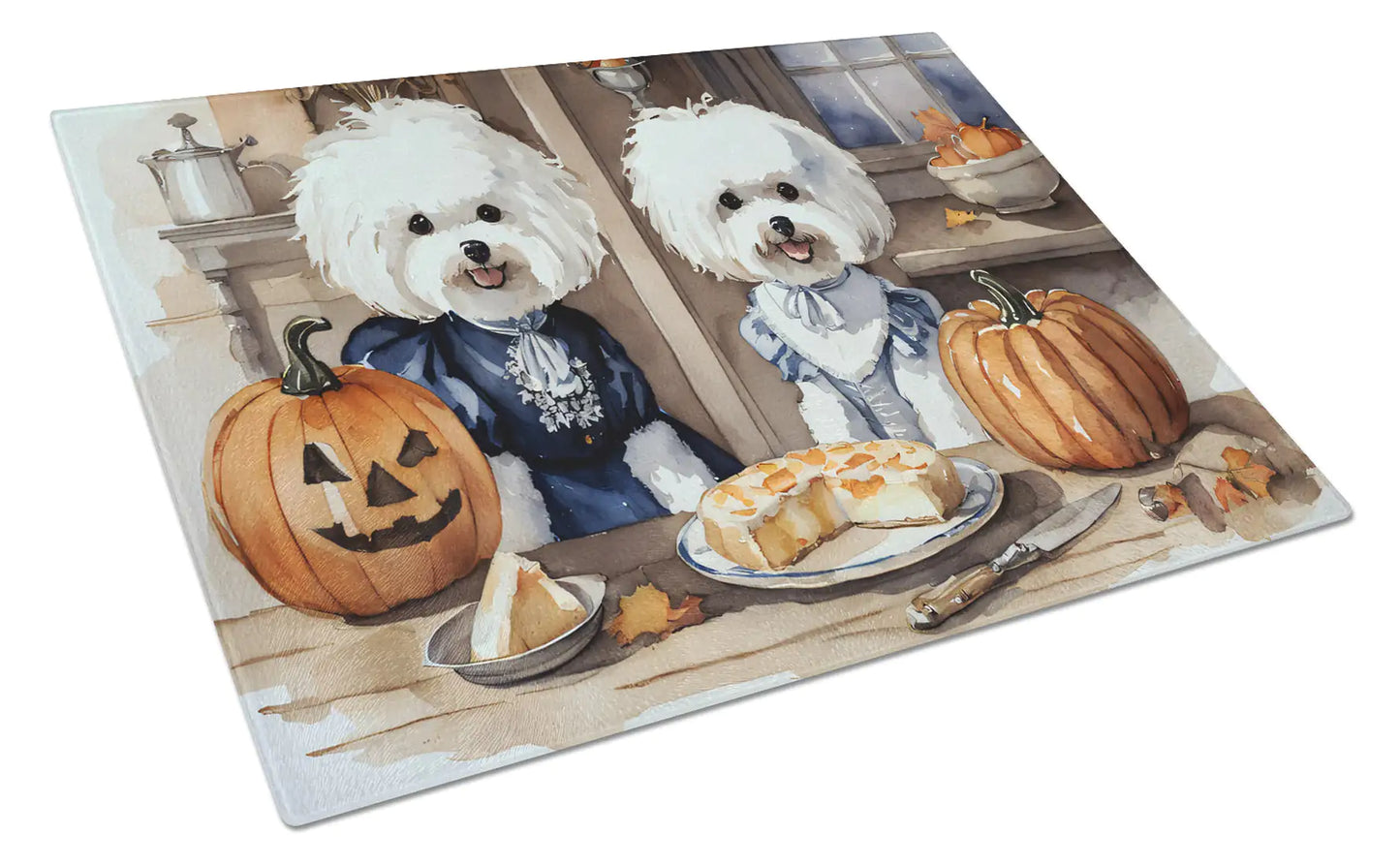 Bichon Frise Fall Kitchen Pumpkins Glass Cutting Board