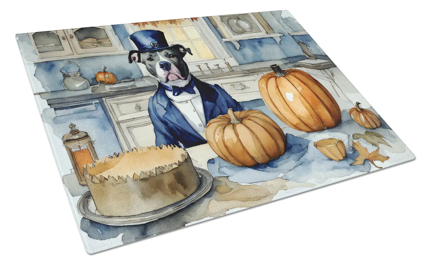 Pit Bull Terrier Fall Kitchen Pumpkins Glass Cutting Board