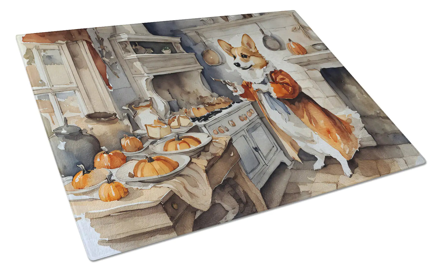 Corgi Fall Kitchen Pumpkins Glass Cutting Board
