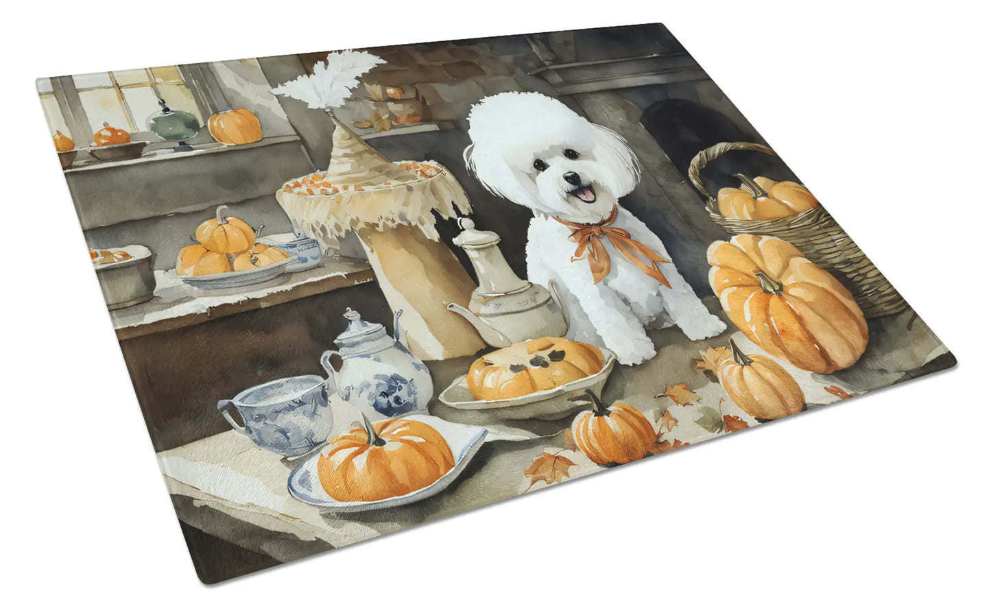 Bichon Frise Fall Kitchen Pumpkins Glass Cutting Board