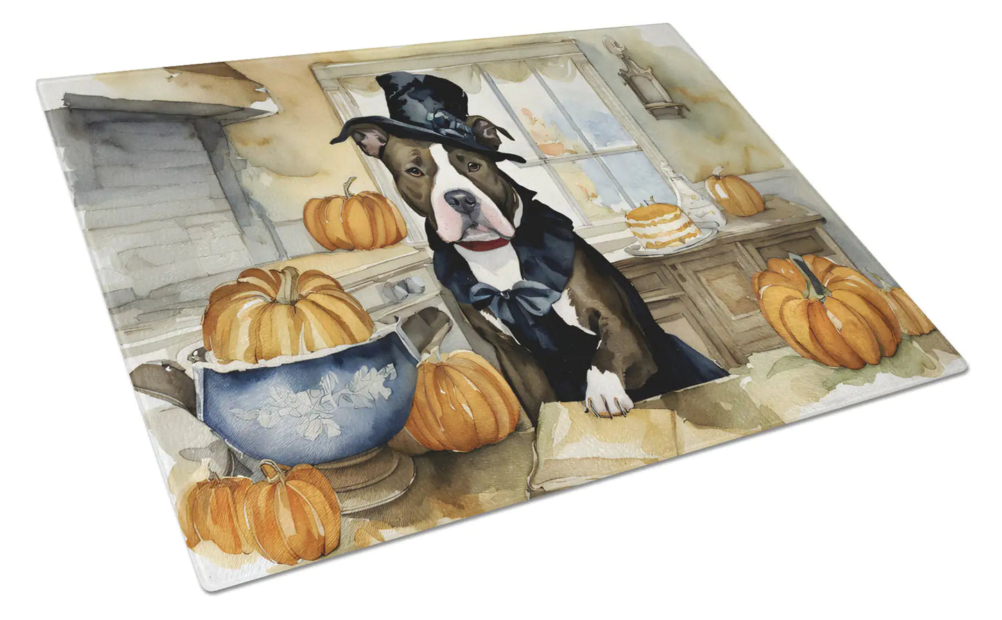 Pit Bull Terrier Fall Kitchen Pumpkins Glass Cutting Board