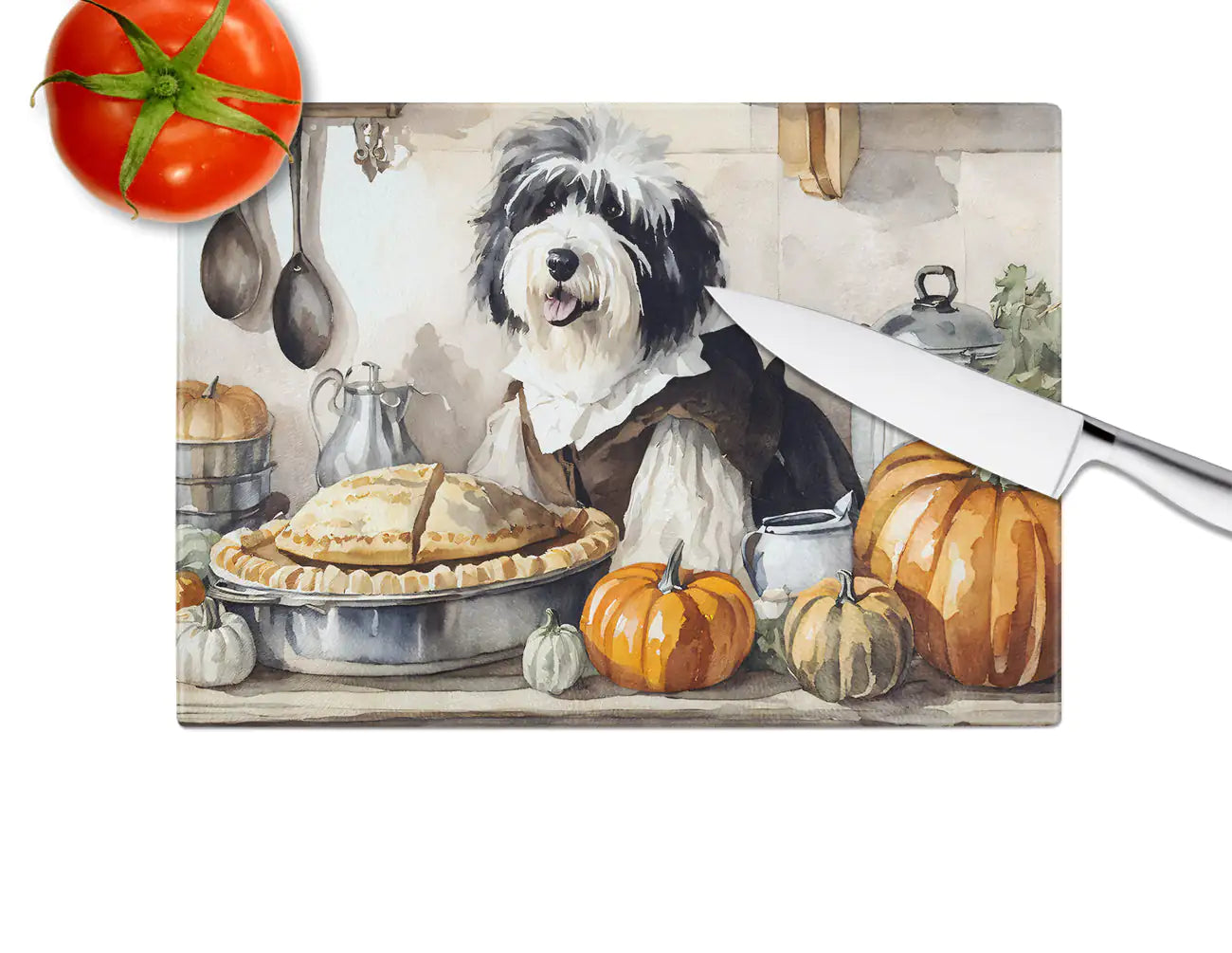 Old English Sheepdog Fall Kitchen Pumpkins Glass Cutting Board
