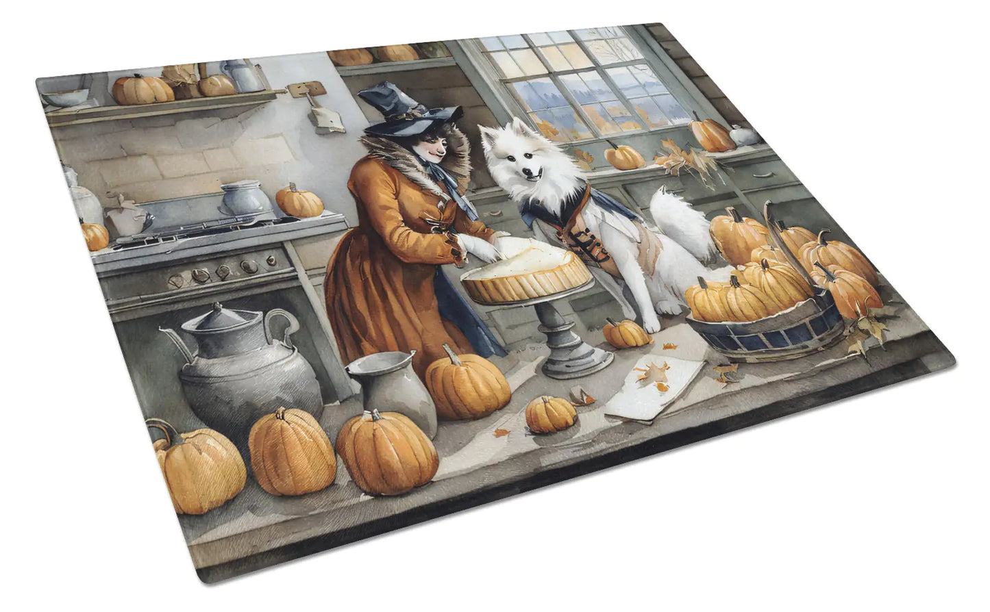 American Eskimo Fall Kitchen Pumpkins Glass Cutting Board