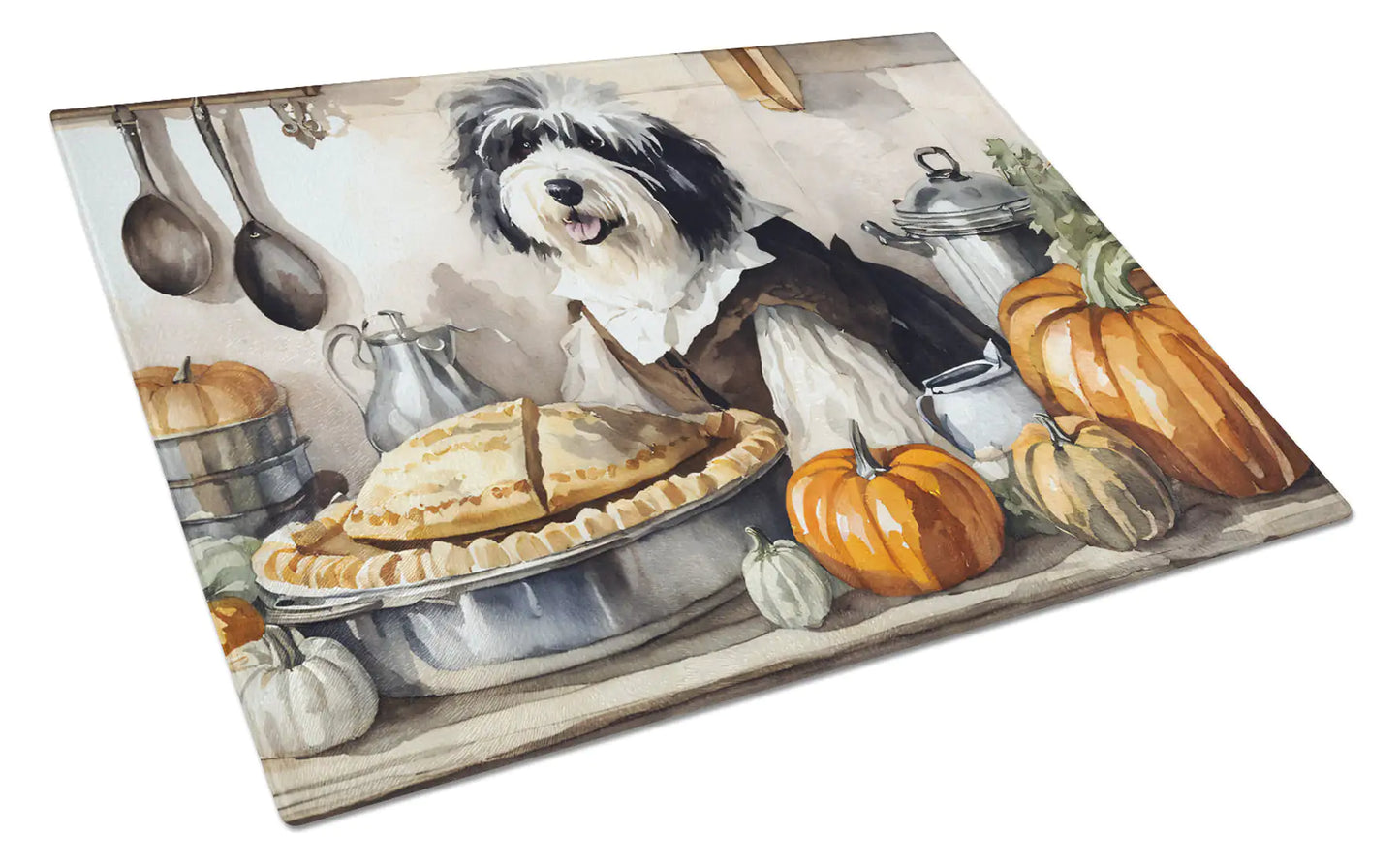 Old English Sheepdog Fall Kitchen Pumpkins Glass Cutting Board