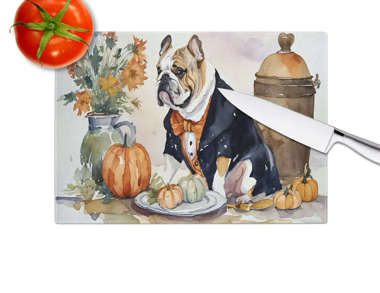 English Bulldog Fall Kitchen Pumpkins Glass Cutting Board