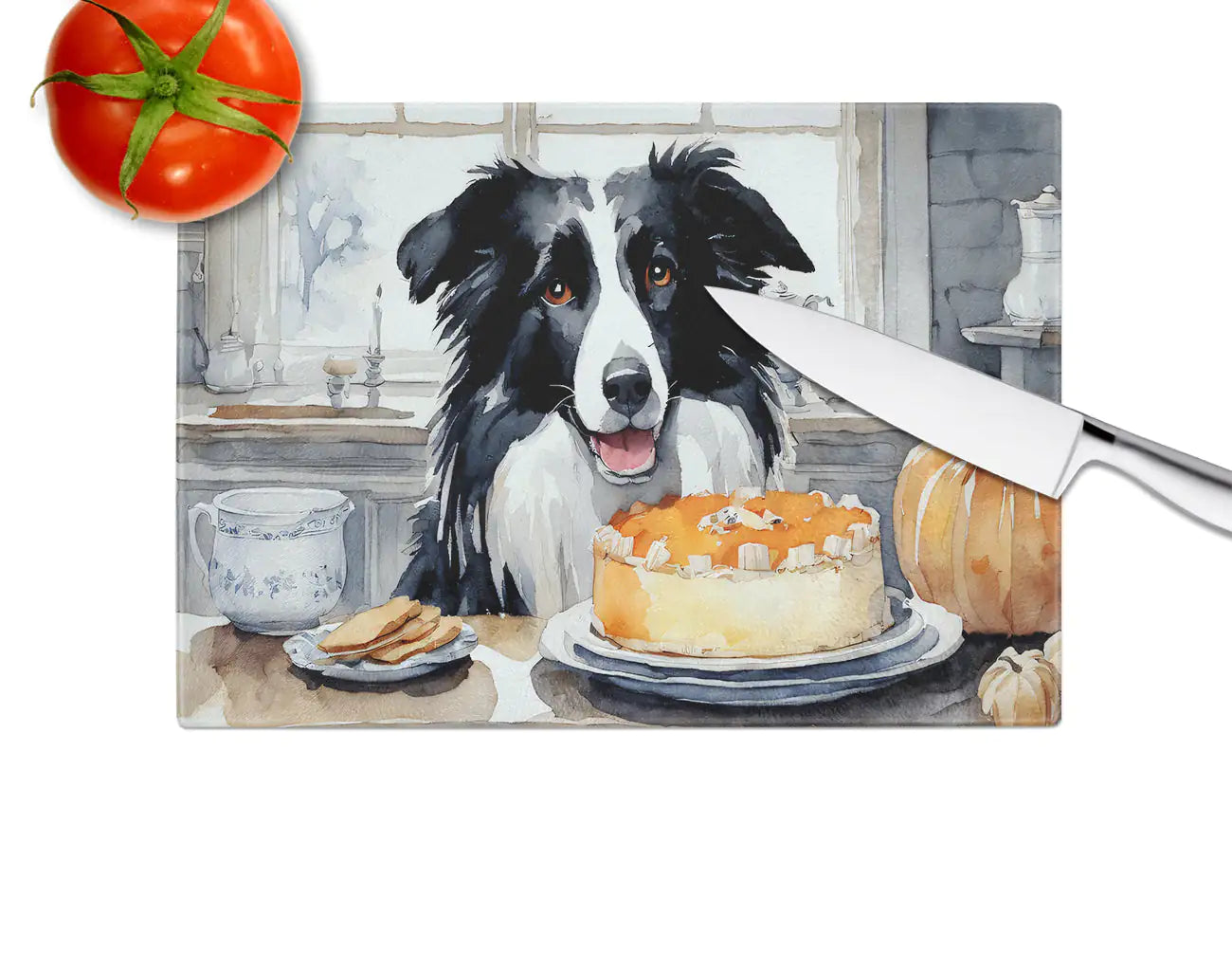 Border Collie Fall Kitchen Pumpkins Glass Cutting Board