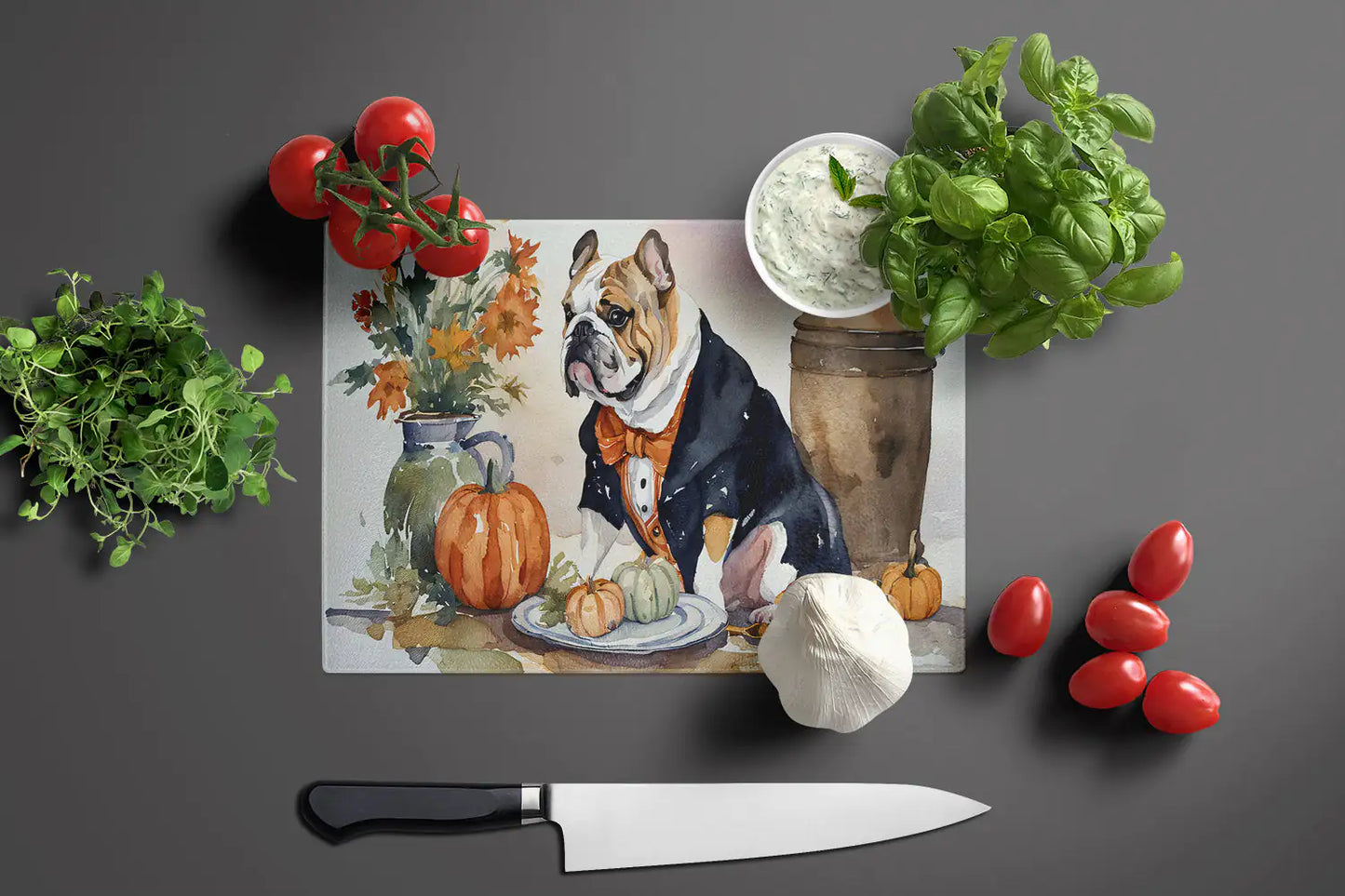 English Bulldog Fall Kitchen Pumpkins Glass Cutting Board