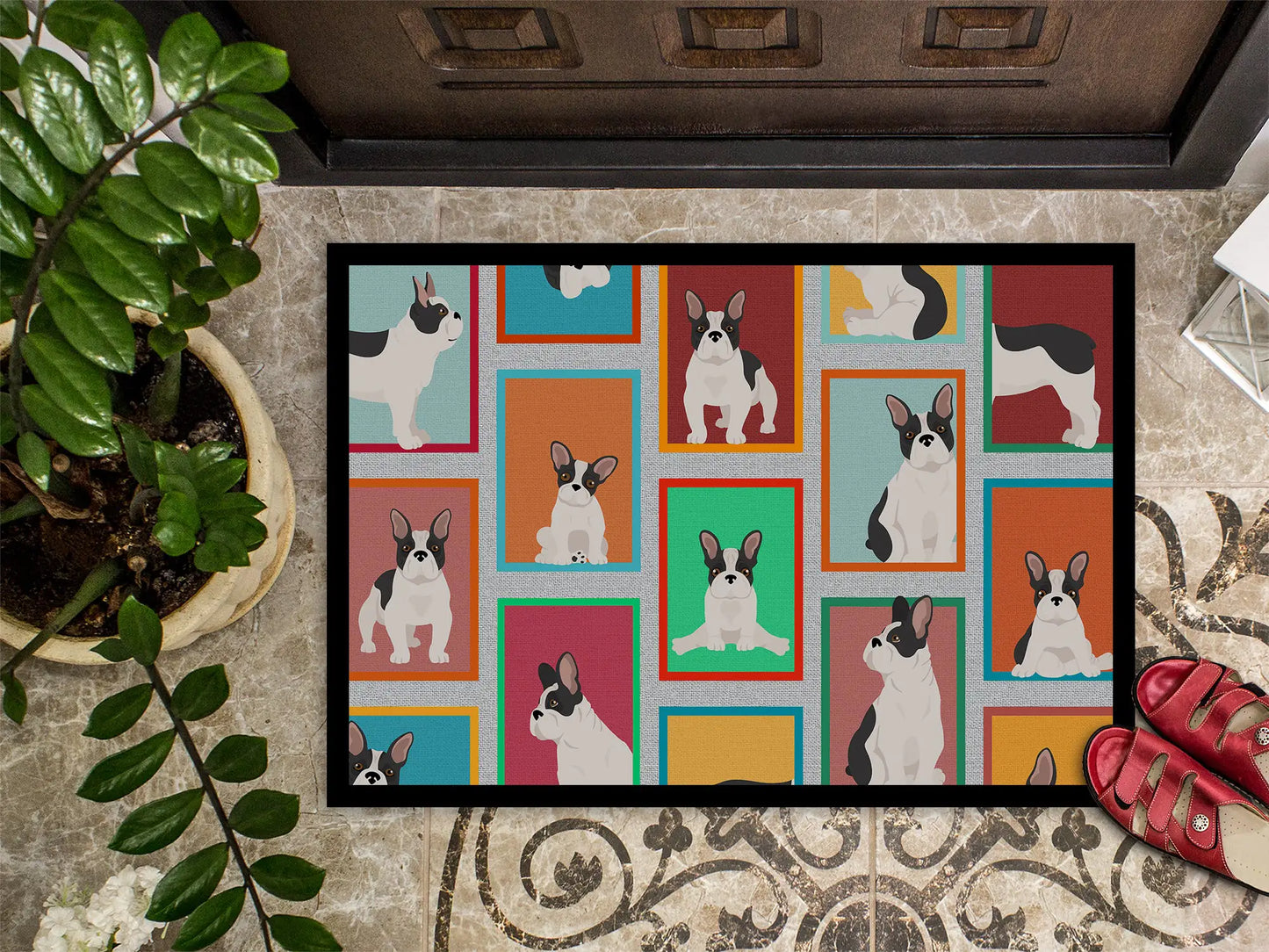Lots of Black and White French Bulldog Doormat