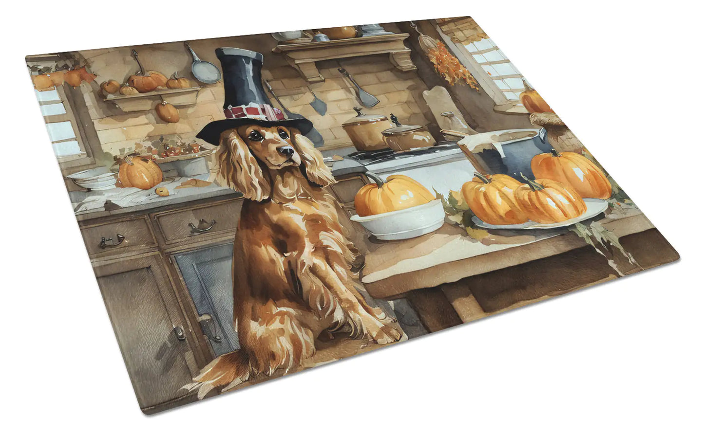 Cocker Spaniel Fall Kitchen Pumpkins Glass Cutting Board