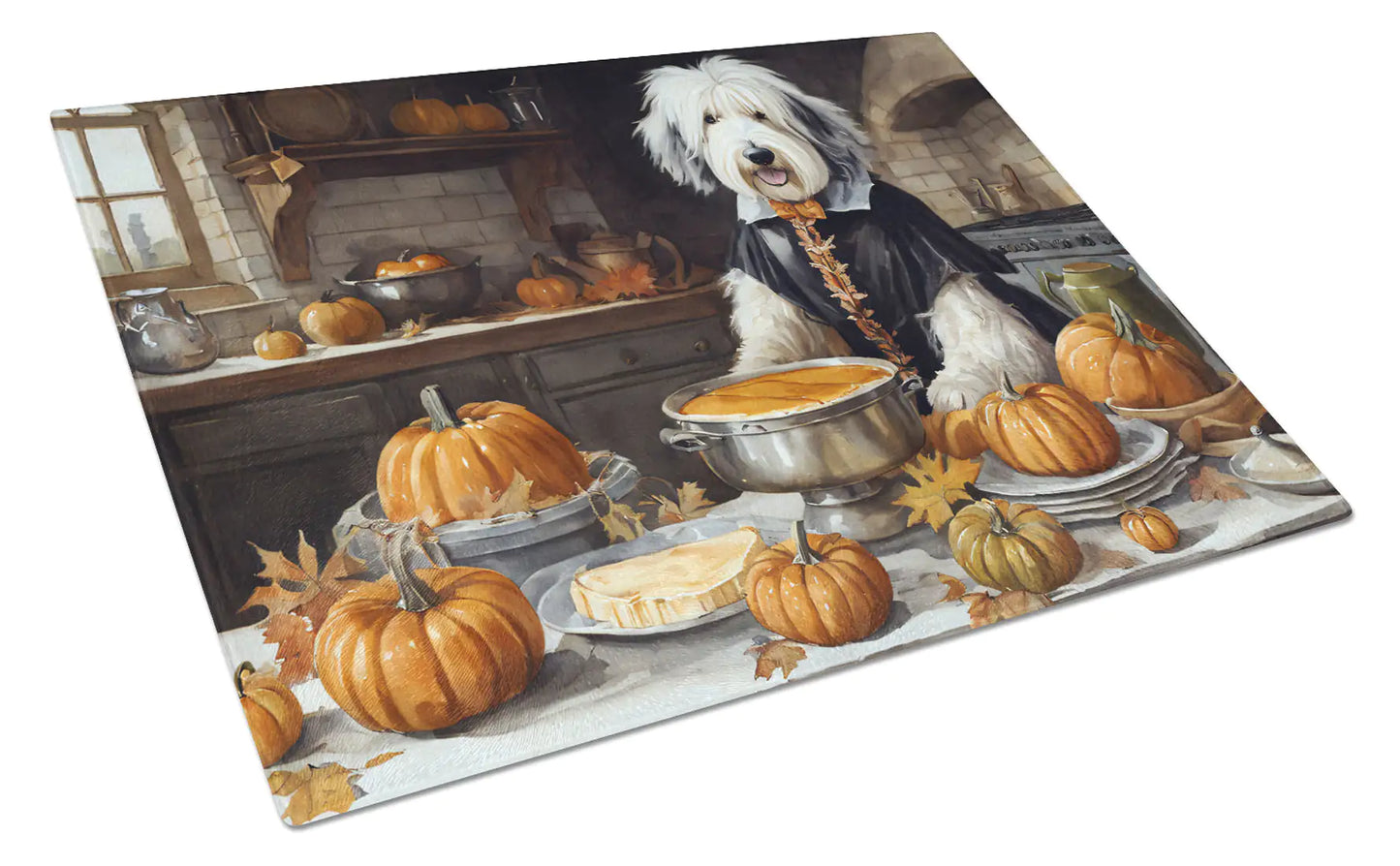 Old English Sheepdog Fall Kitchen Pumpkins Glass Cutting Board
