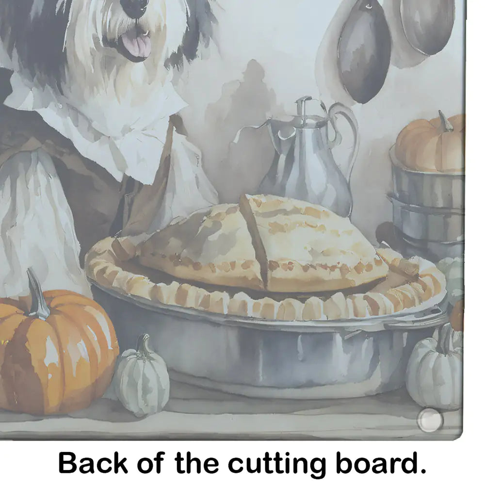 Old English Sheepdog Fall Kitchen Pumpkins Glass Cutting Board