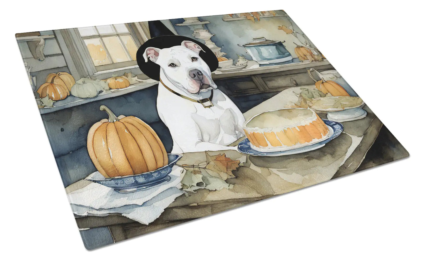 Pit Bull Terrier Fall Kitchen Pumpkins Glass Cutting Board