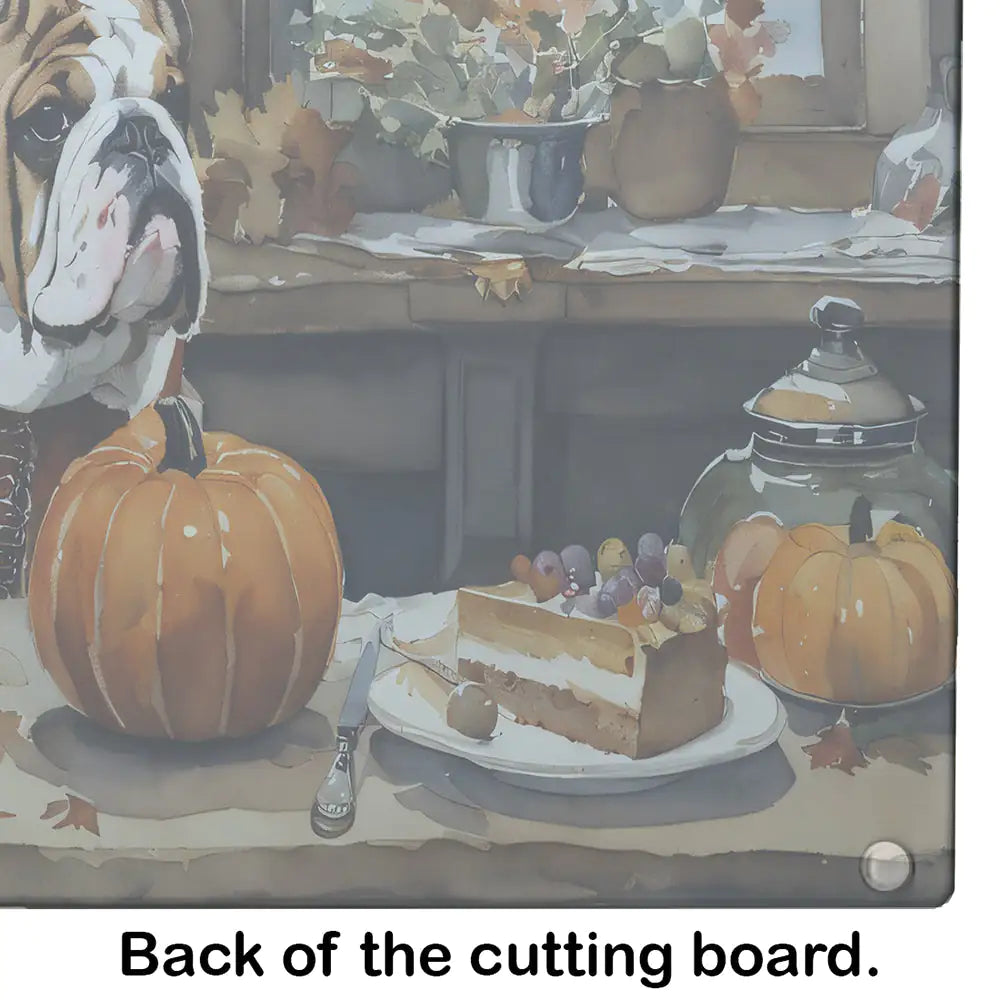 English Bulldog Fall Kitchen Pumpkins Glass Cutting Board