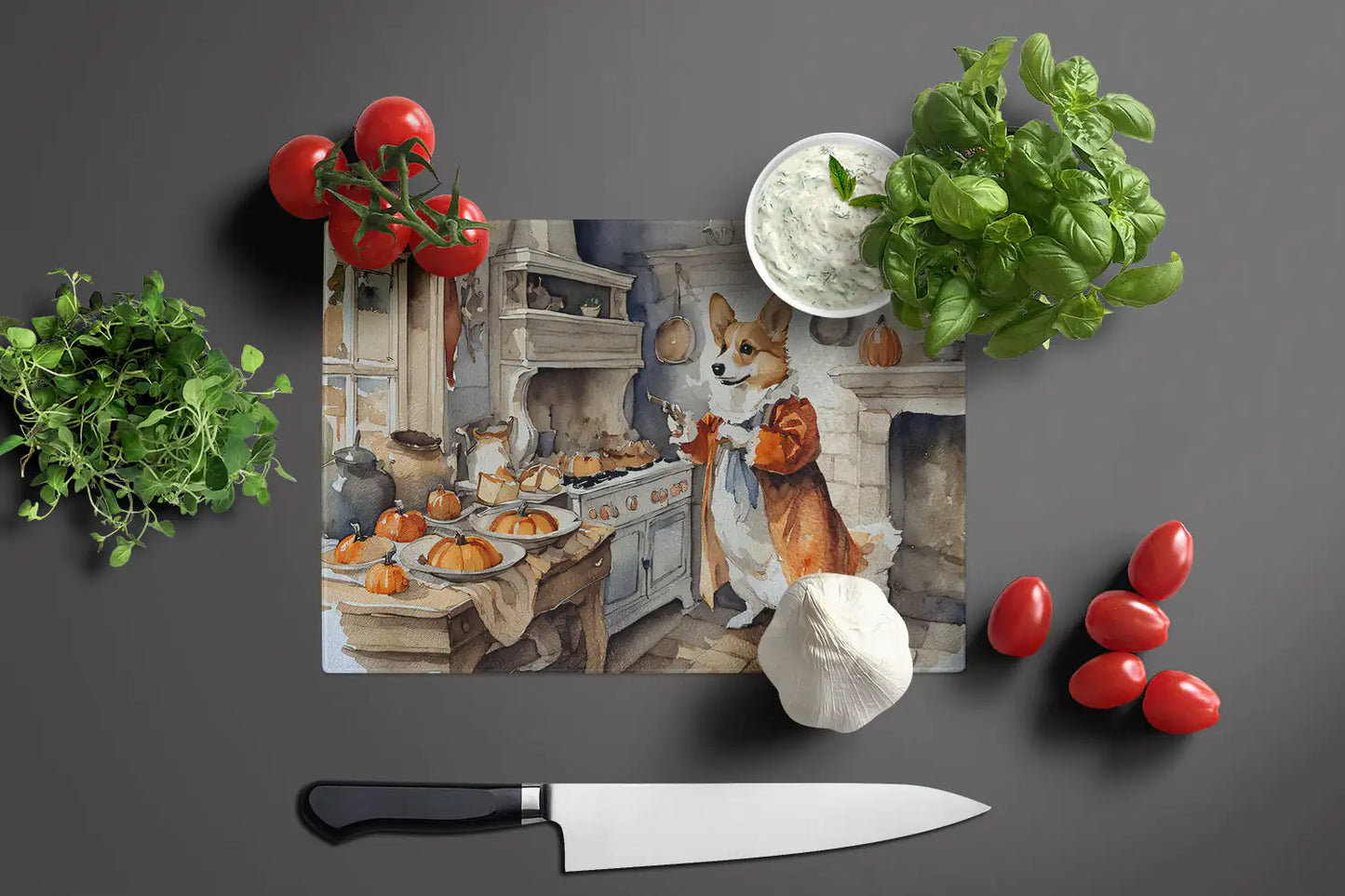 Corgi Fall Kitchen Pumpkins Glass Cutting Board