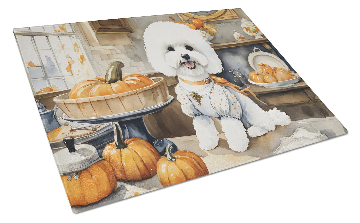 Bichon Frise Fall Kitchen Pumpkins Glass Cutting Board