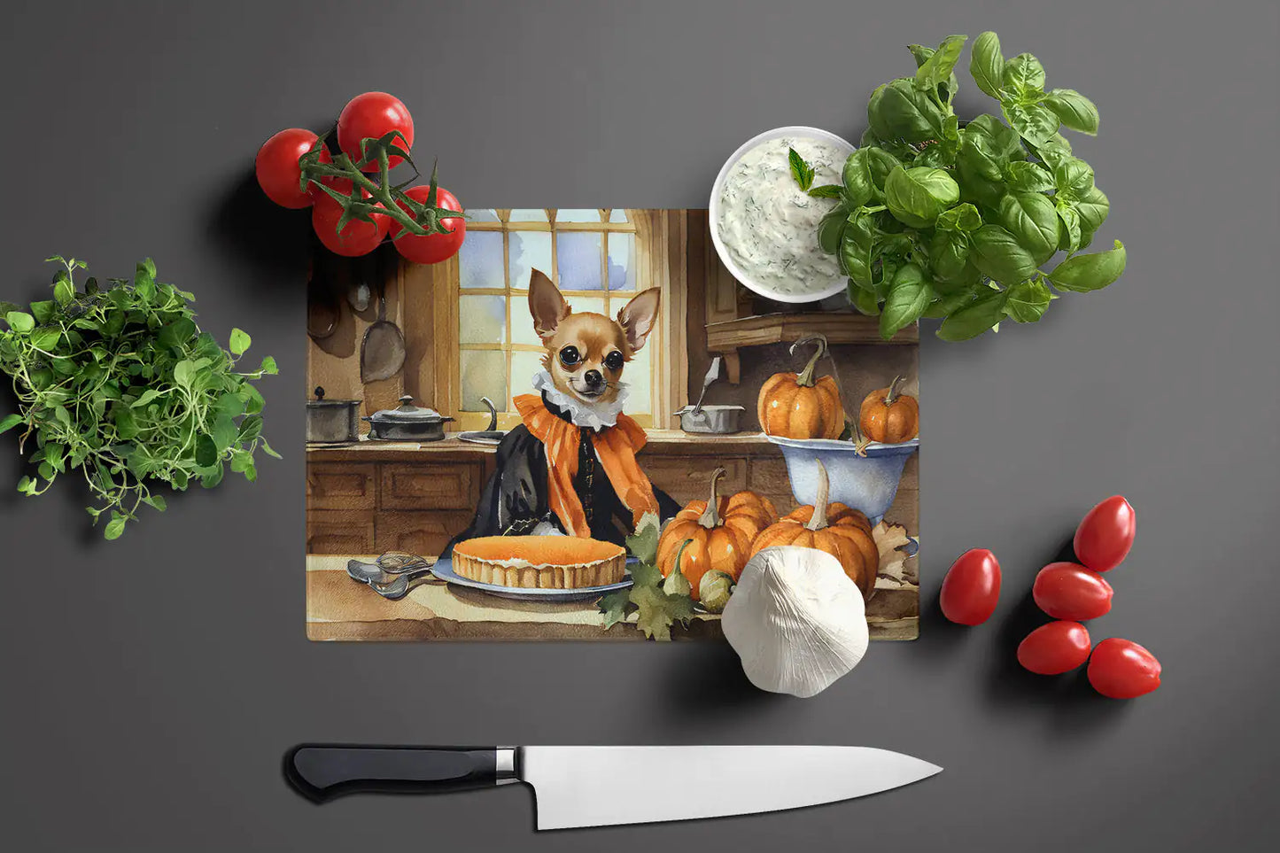 Chihuahua Fall Kitchen Pumpkins Glass Cutting Board