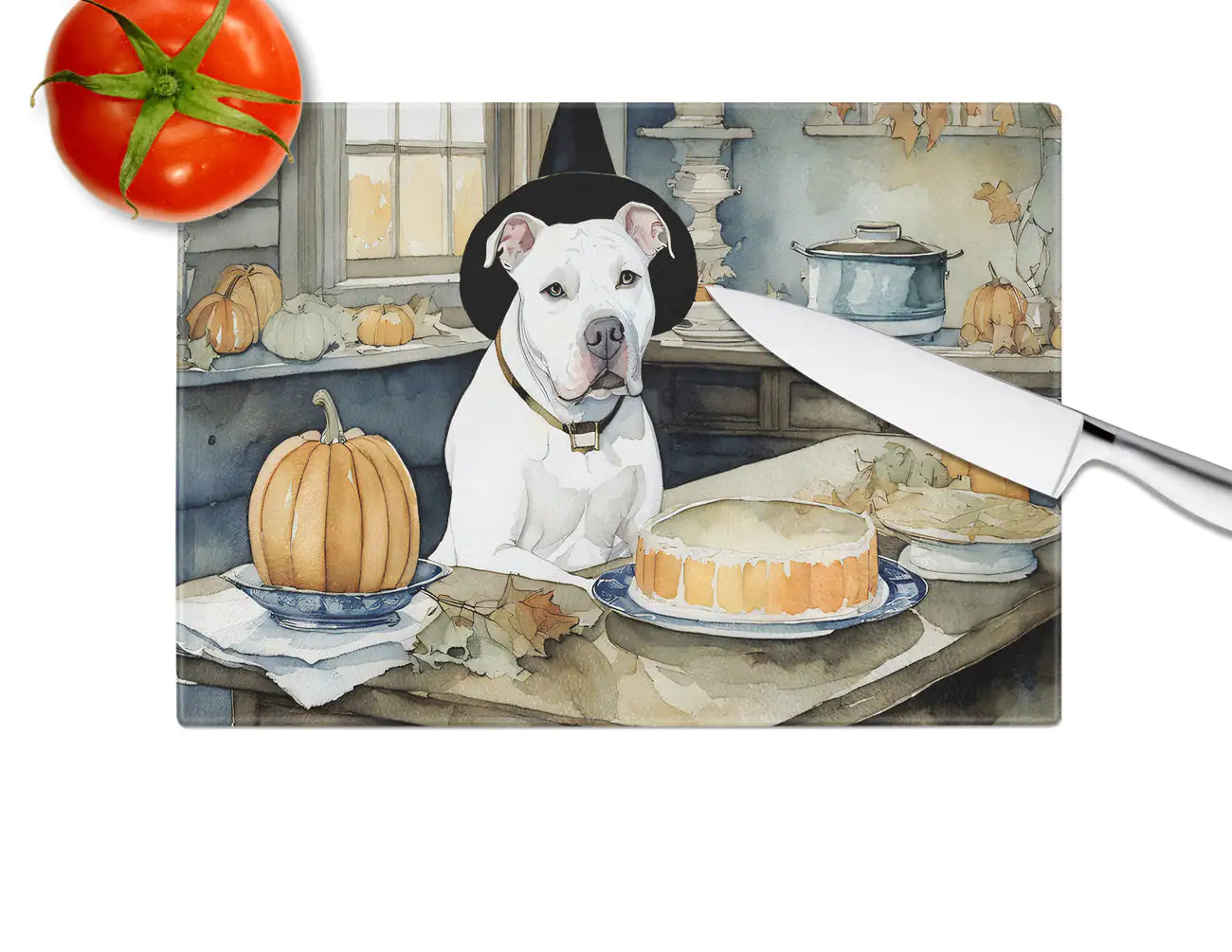 Pit Bull Terrier Fall Kitchen Pumpkins Glass Cutting Board