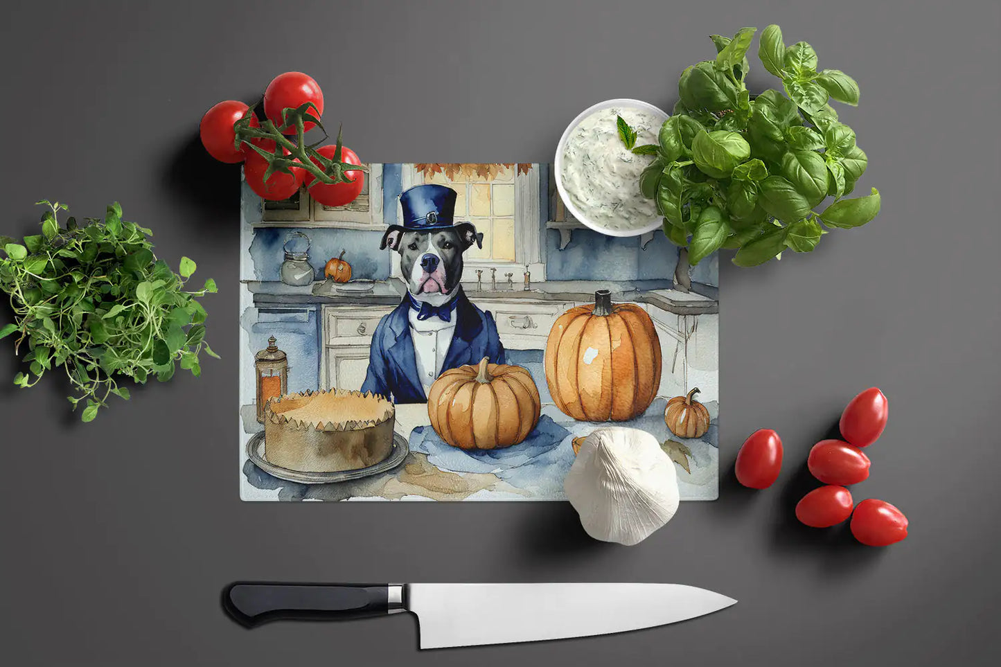 Pit Bull Terrier Fall Kitchen Pumpkins Glass Cutting Board