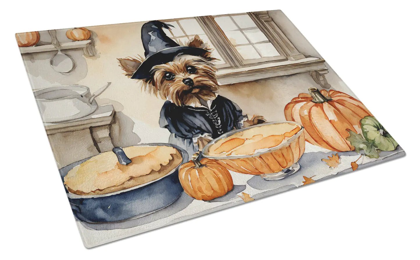 Yorkie Fall Kitchen Pumpkins Glass Cutting Board