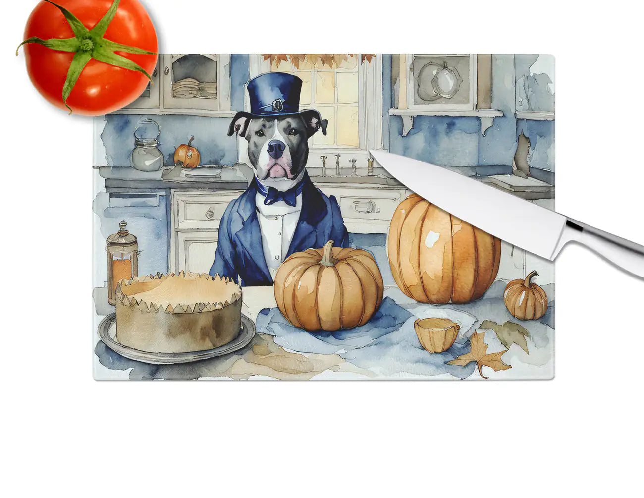 Pit Bull Terrier Fall Kitchen Pumpkins Glass Cutting Board