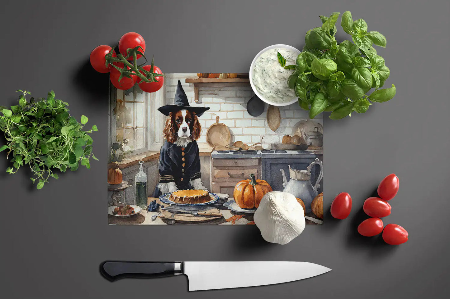 Cavalier Spaniel Fall Kitchen Pumpkins Glass Cutting Board
