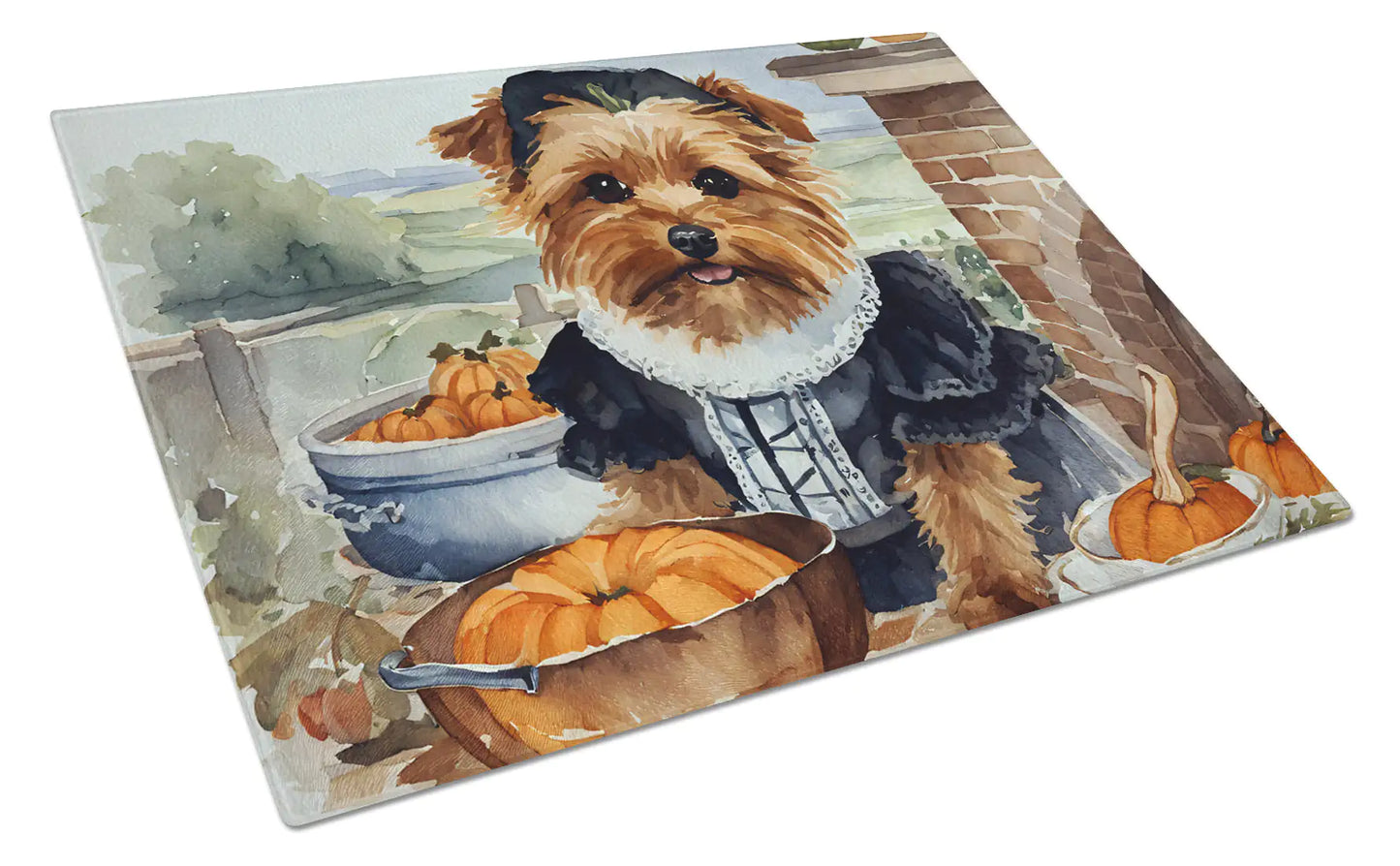 Norfolk Terrier Fall Kitchen Pumpkins Glass Cutting Board