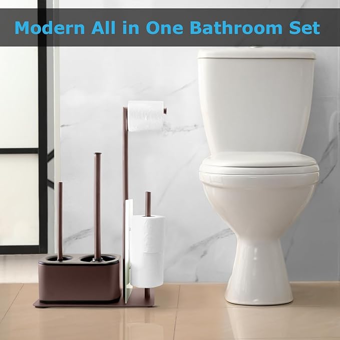 Blue Donuts Modern Bath Set for Bathroom Organization, All in One Toilet Brush, Toilet Plunger, Toilet Paper Holder Stand and Toilet Tissue Paper Storage All in One Combo.