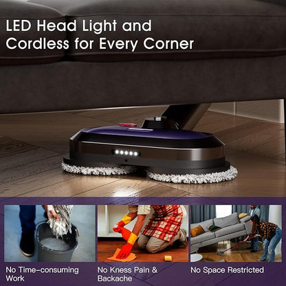 VMAI Electric Mop, Cordless Electric Mop, with Detachable Battery & 300ml Water Tank, Spin Mop with LED Headlight and Sprayer, for Hardwood, Tile, Laminate Floor, <50dB Working Noise