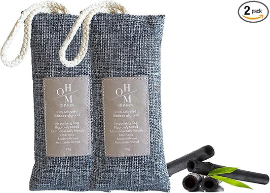 100% Natural Bamboo Charcoal Deodoriser, Chemical Free Air Freshener, Absorbs Odour, Shoe Insert, Eliminate Smells in Bathrooms, Kitchen, Closets, Cars, Pet Areas, 75grams, 2 pieces