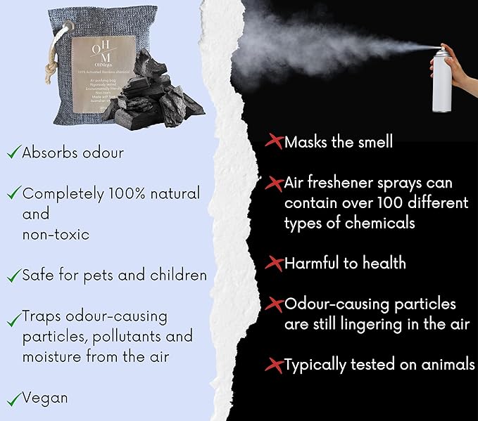 100% Natural Bamboo Charcoal Deodoriser, Chemical Free Air Freshener, Absorbs Odour, Shoe Insert, Eliminate Smells in Bathrooms, Kitchen, Closets, Cars, Pet Areas, 75grams, 2 pieces